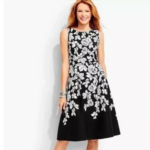 Talbots Black White Rose Floral Fit & Flare Dress Sz 12 P - Picture 2 of 8